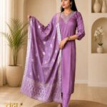 VRINDA Woman's Embroidered Rayon Kurta Pant and Dupatta Set
