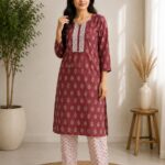 VRINDA Women's Floral Printed Regular Pure Cotton Kurta with Pant, 2 Pcs set