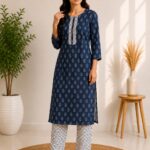 VRINDA Women's Floral Printed Regular Pure Cotton Kurta with Pant, 2 Pcs set