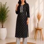 VRINDA Women's Floral Printed Regular Pure Cotton Kurta with Pant, 2 Pcs set
