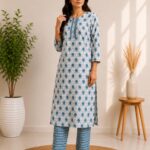 VRINDA Women's Floral Printed Regular Pure Cotton Kurta with Pant, 2 Pcs set