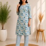 VRINDA Women's Floral Printed Regular Pure Cotton Kurta with Pant, 2 Pcs set