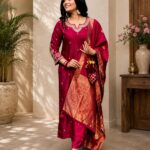 VRINDA Maroon Embroided Kurta with Bottam & Dupatta Set