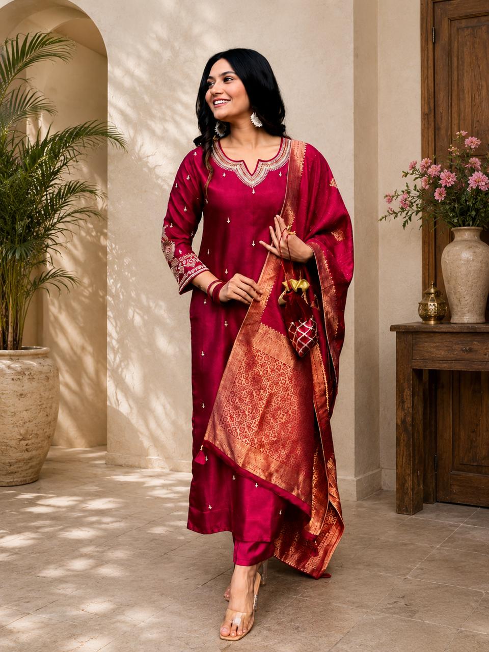 WhatsApp Image 2026-05-28 at 8.12.58 PM (1) VRINDA Maroon Embroided Kurta with Bottam & Dupatta Set - Image 1