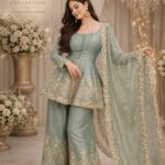 VRINDA Shimmer Silk Sequins Embroidered Short Kurta Plazzo and  Dupatta Set