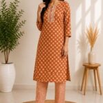 VRINDA Women's Floral Printed Regular Pure Cotton Kurta with Pant, 2 Pcs set