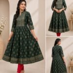 VRINDA  Bottle Green Printed Cotton Anarkali Kurti